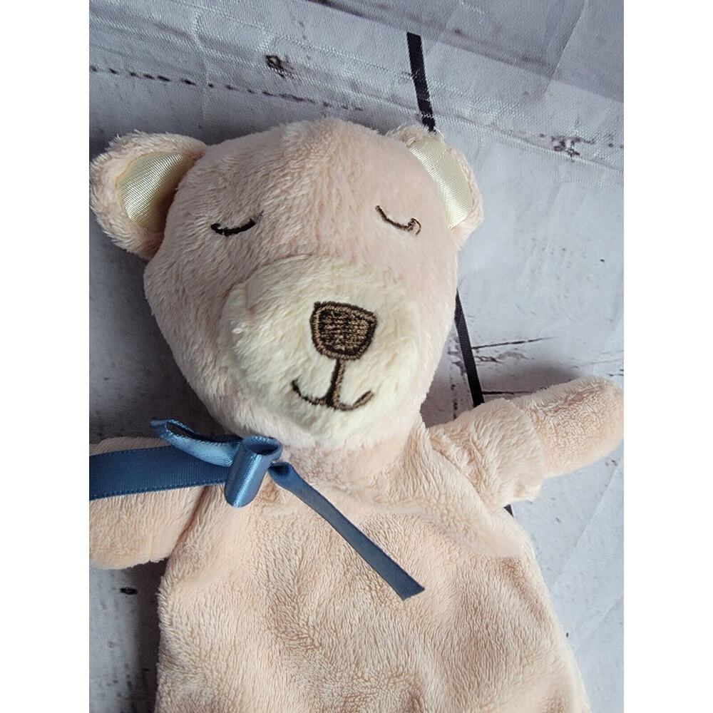 CR Gibson Bear Lovey Security Blanket Tan Brown Blue Satin Ribbon Bow Knotted